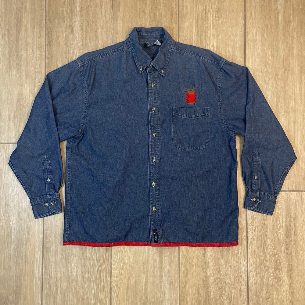 Port & Company Denim Button Up Shirt Embroidered I Love Quilts Women’s L